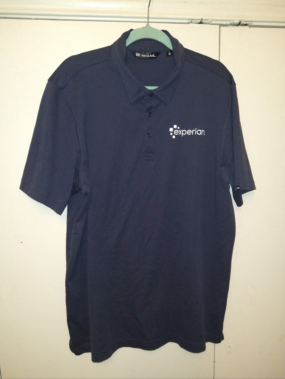 Travis Mathew Blue Short Sleeve Golf Polo Shirt Men's sz XL Experian Logo.